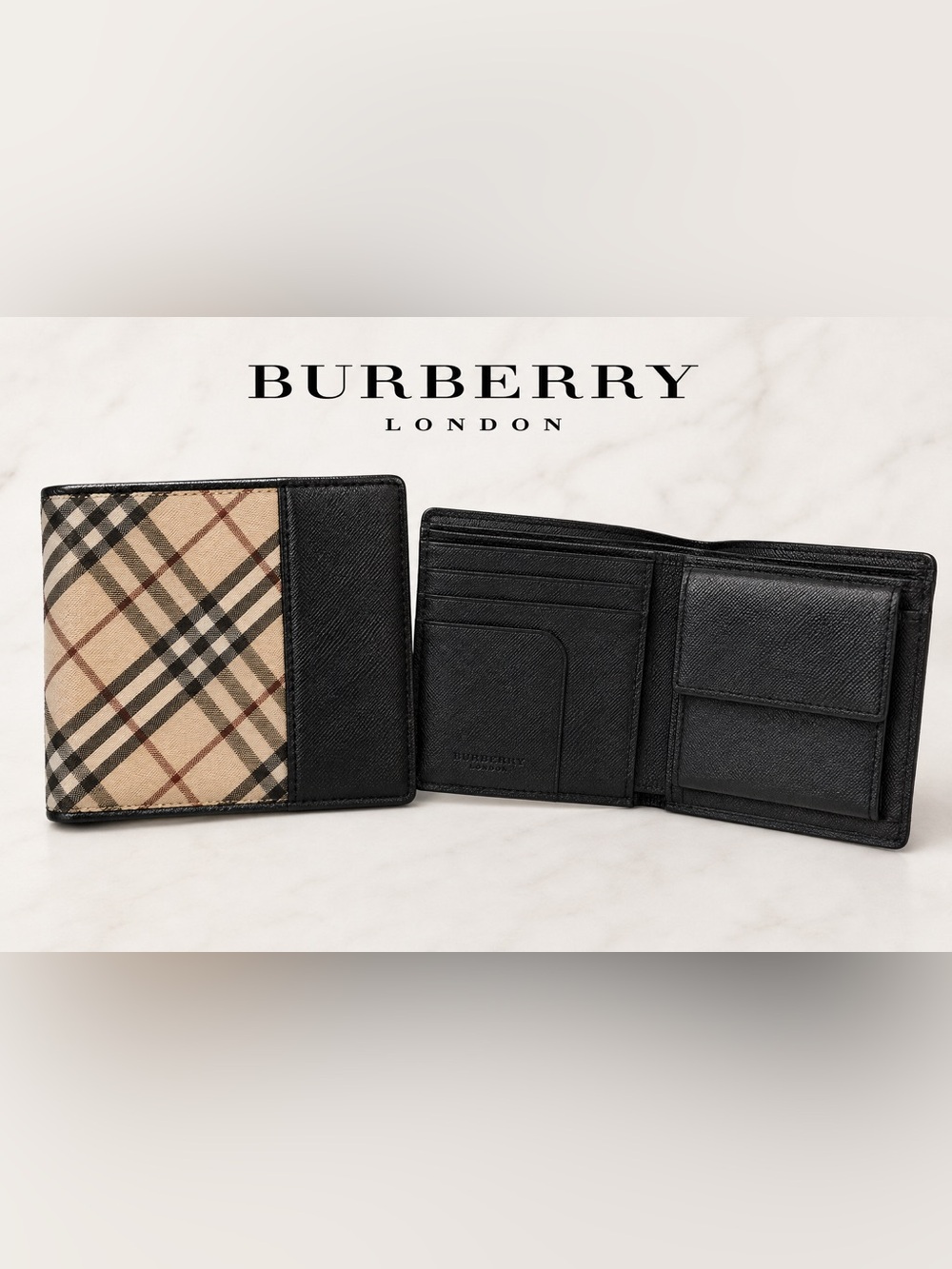 Burberry London Nova Check Black Leather Bifold Wallet Coin Pocket